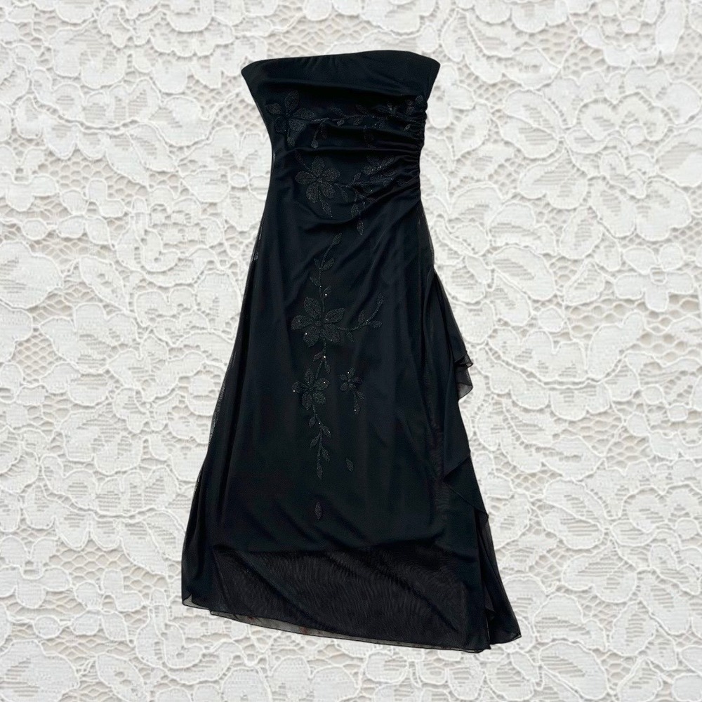 vintage y2k black floral beaded asymmetrical midi dress with ruched sides